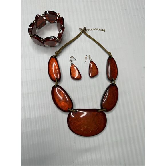 Fashion Plastic Bronze Metallic Necklace, Bracelet, Earrings Set. - Picture 4 of 4